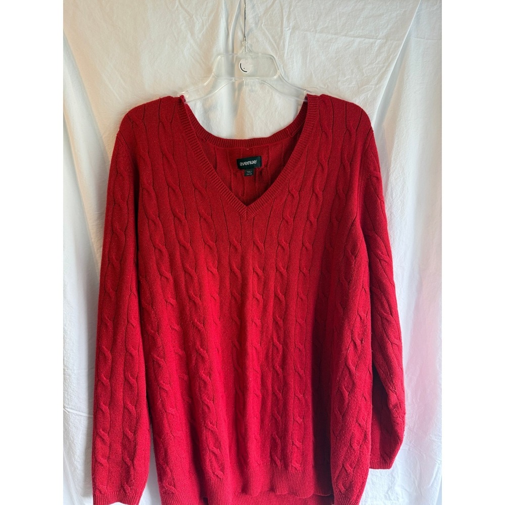 Avenue Womens Red Cable Knit V-Neck Long Sleeve Sweater Plus Size 26/28